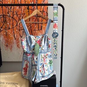 FARM Rio Floral Print Romper with Blue